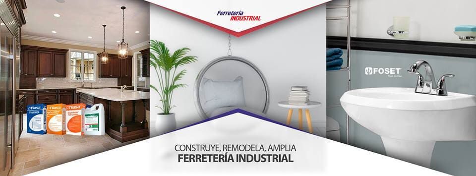 Pancarta con cocina, silla colgante y baño. Construcción, remodelación y ferretería industrial.