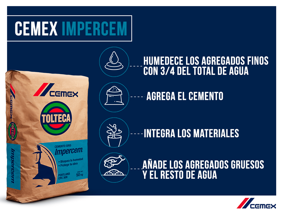 Instrucciones para mezclar CEMEX Impercem: humedecer los agregados finos con agua, agregar el cemento, integrar los materiales y agregar los agregados gruesos y el resto del agua.