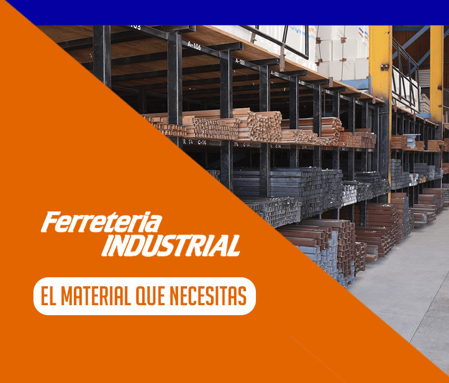 Interior de almacén con estanterías industriales repletas de materiales metálicos; pancarta naranja y azul con texto.