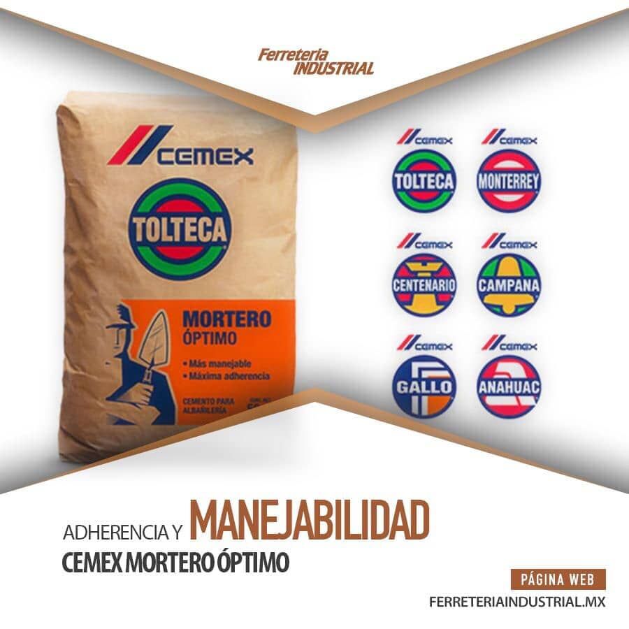 Bolsa de mortero de CEMEX con logotipos de diferentes tipos; anuncio de una ferretería.