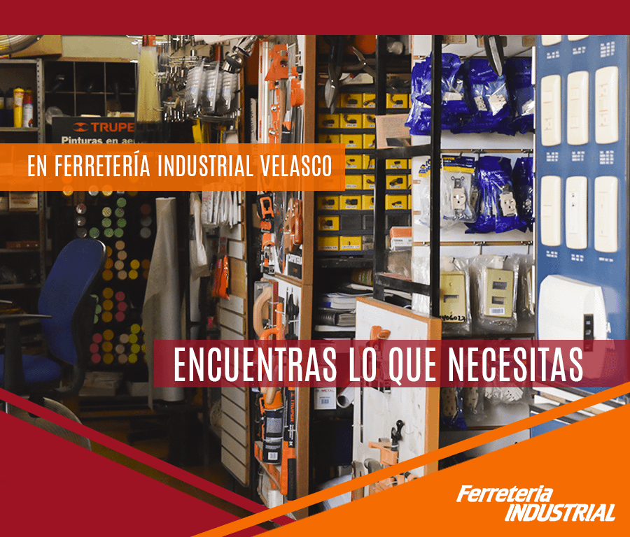 Interior de una ferretería con herramientas y productos en exhibición; el texto dice