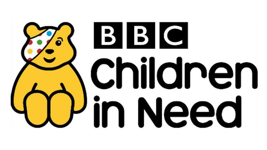 The logo for bbc children in need shows a teddy bear with a bandage on his eye.