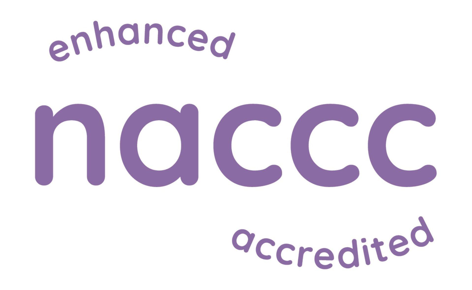 The naccc logo is purple and white and says enhanced accredited.
