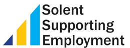 The logo for solent supporting employment is blue and yellow.