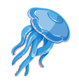 A blue jellyfish with red tentacles is floating in the water.