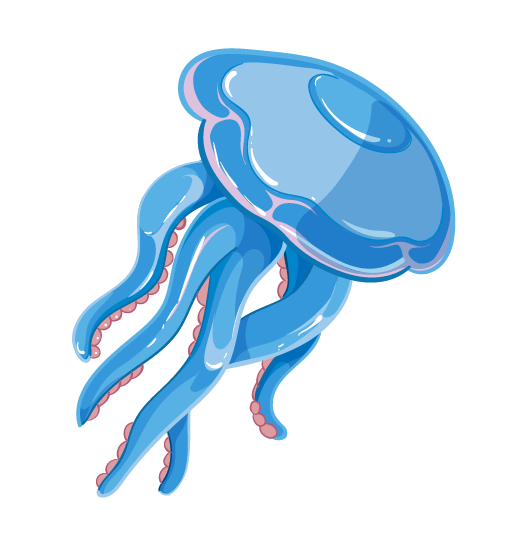 A blue jellyfish with red tentacles is floating in the water.