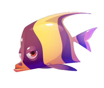 A cartoon illustration of a colorful fish with a purple tail