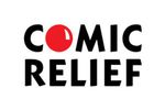 A logo for comic relief with a red heart in the middle