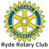 A yellow and blue logo for the ryde rotary club