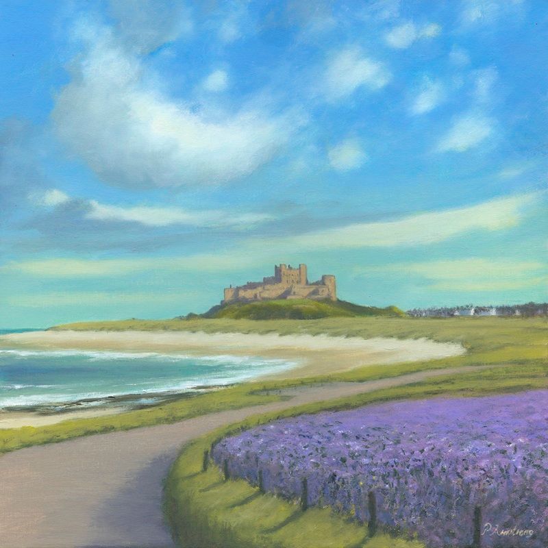 Painting of Bamburgh Castle in Northumberland surrounded in Blue Phacelia Fields