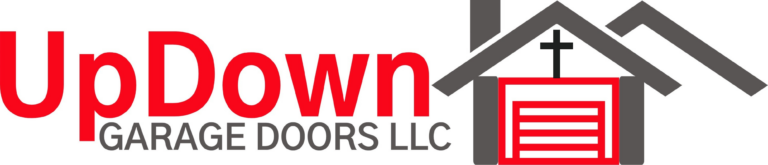 Logo for UpDown Garage Doors LLC featuring red text and a gray icon of a garage with a roof and cross symbol.