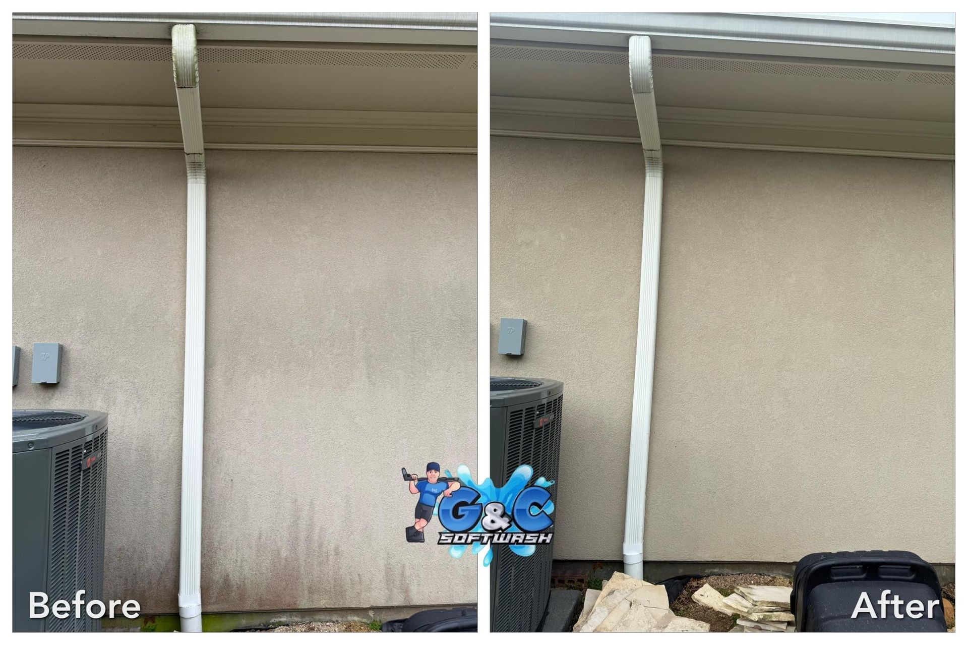 A before and after picture of a house with a gutter cleaning service.