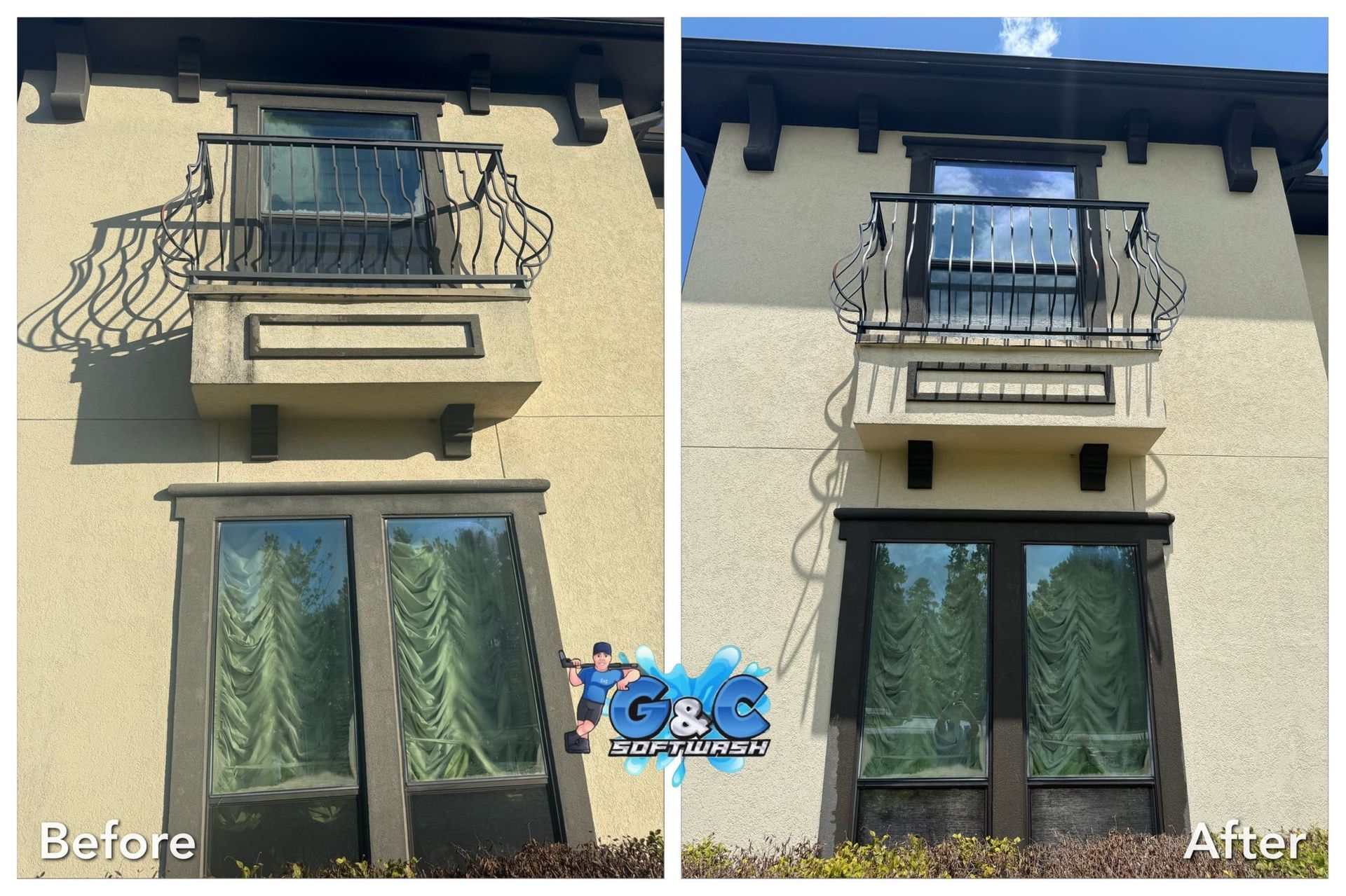 A before and after photo of a house with a balcony