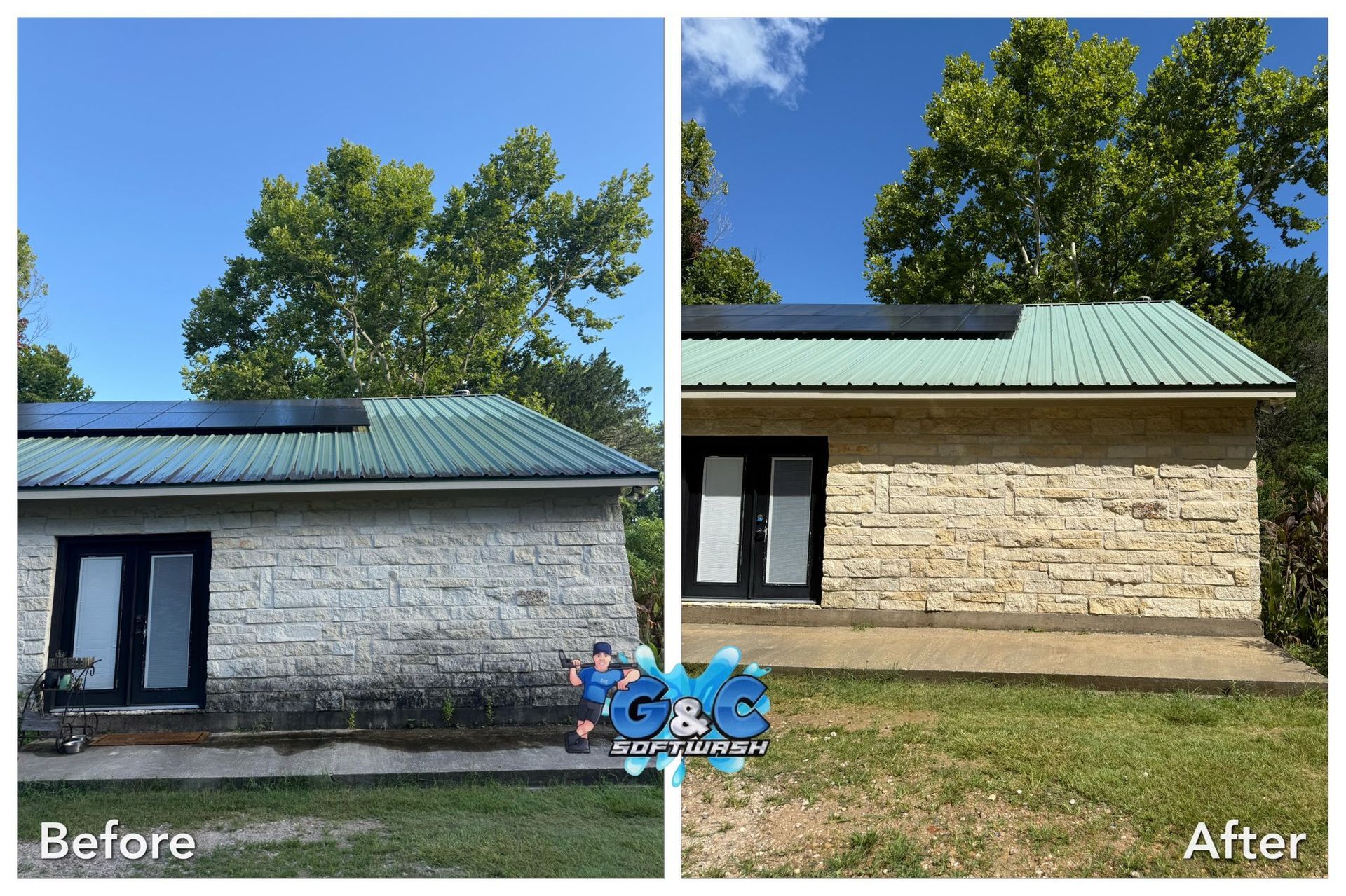 A before and after picture of a house with a green roof.