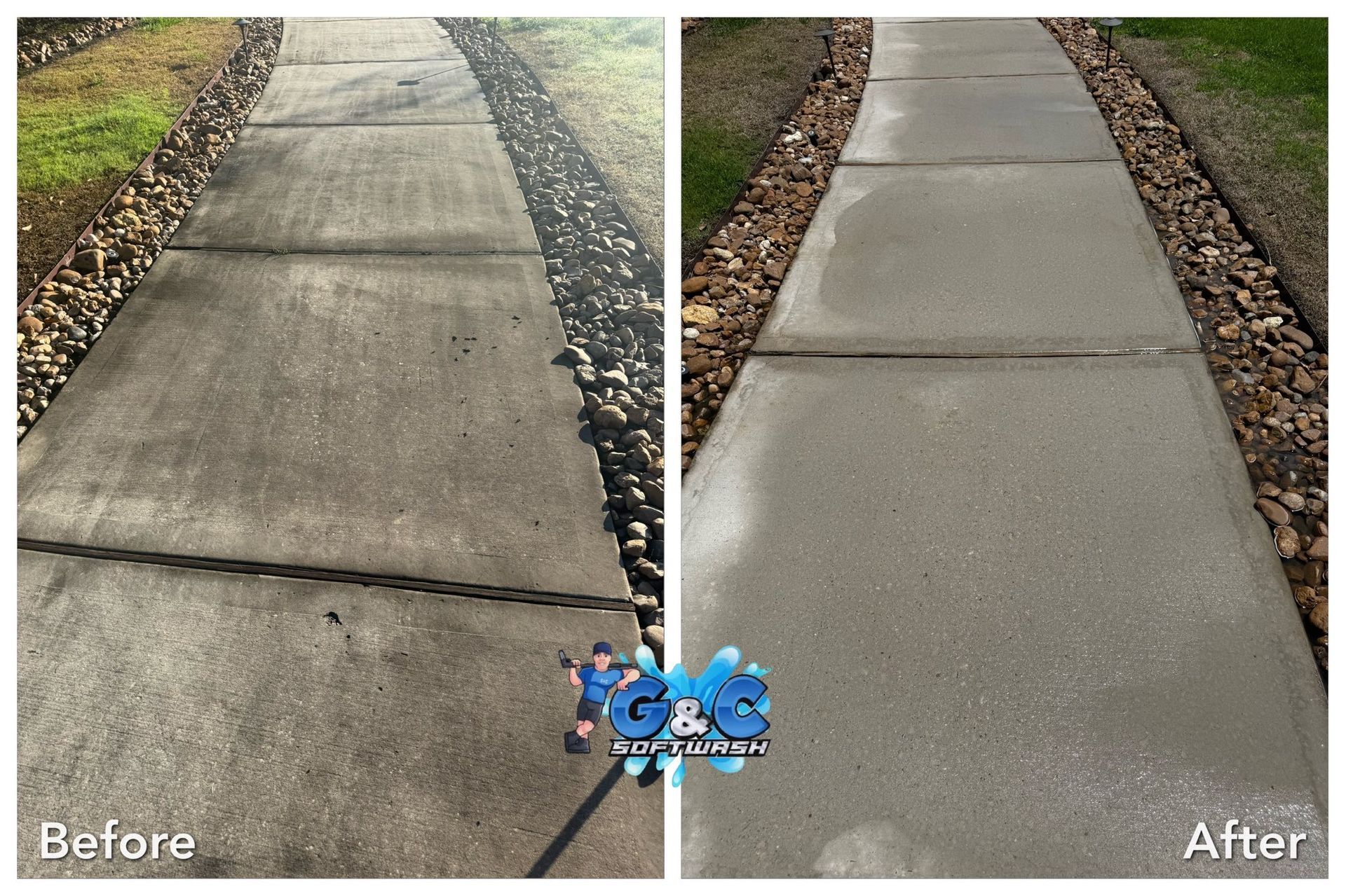 A before and after photo of a concrete sidewalk.