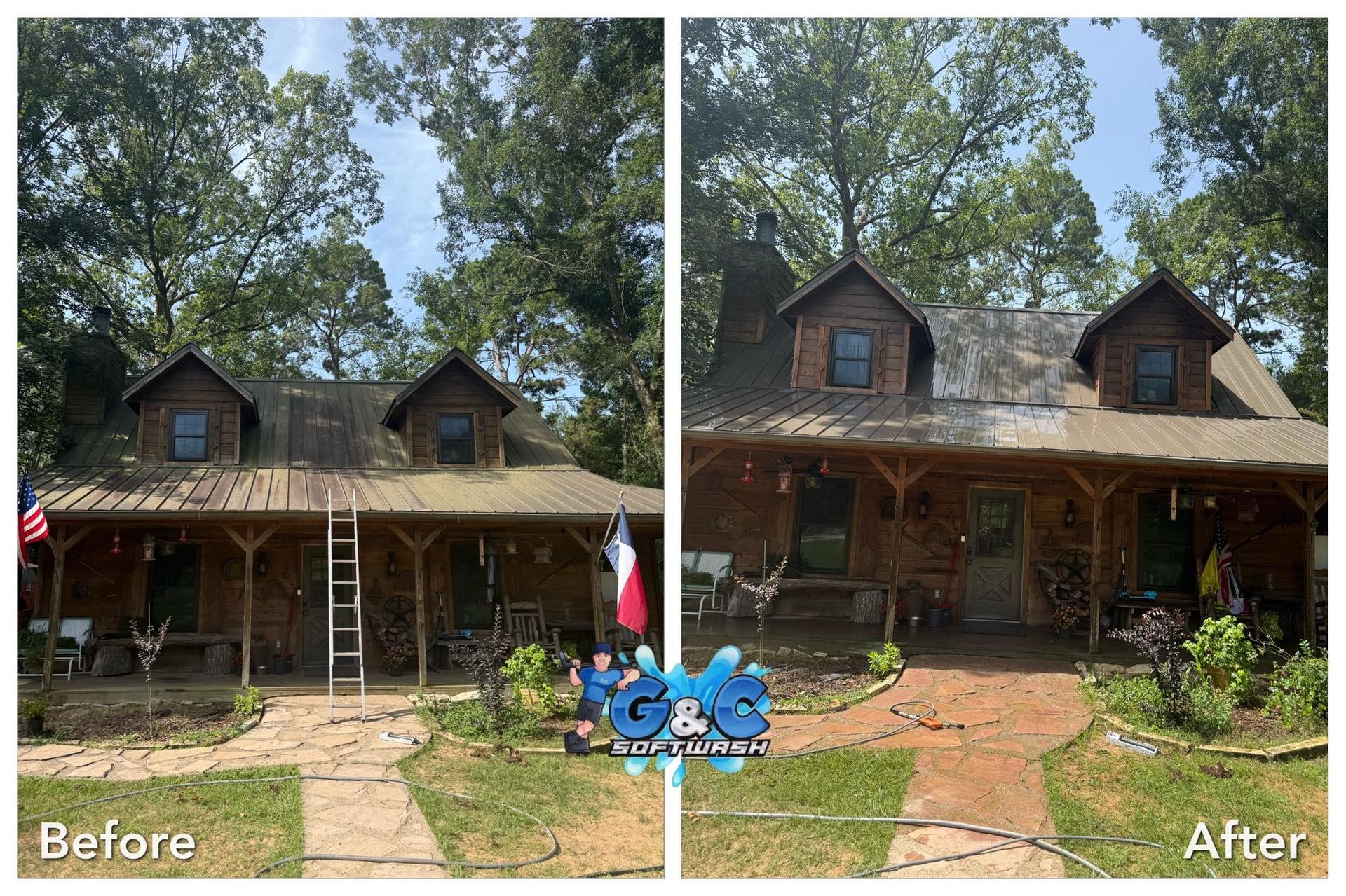 A before and after picture of a house with a ladder on the front porch.
