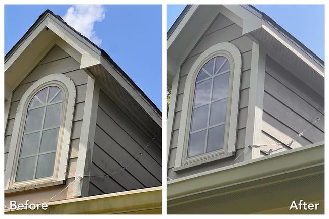 A before and after picture of a house with a window.