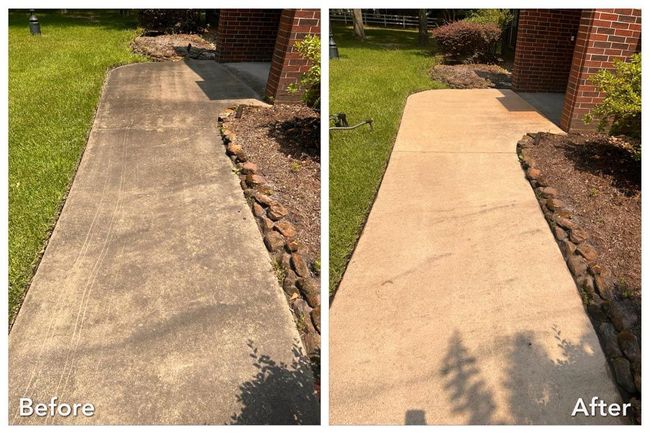 A before and after photo of a concrete walkway.