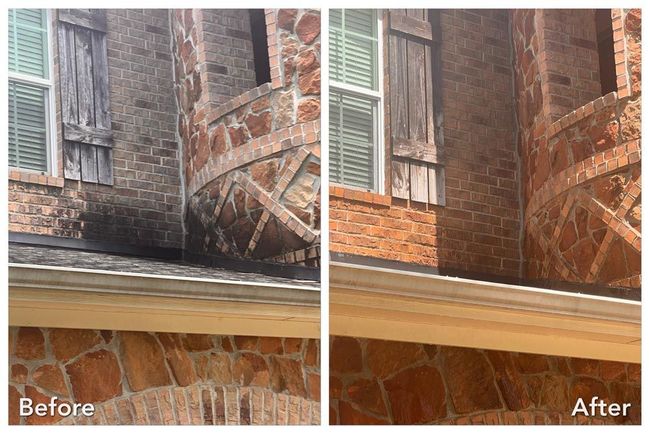 A before and after picture of a brick house with shutters.
