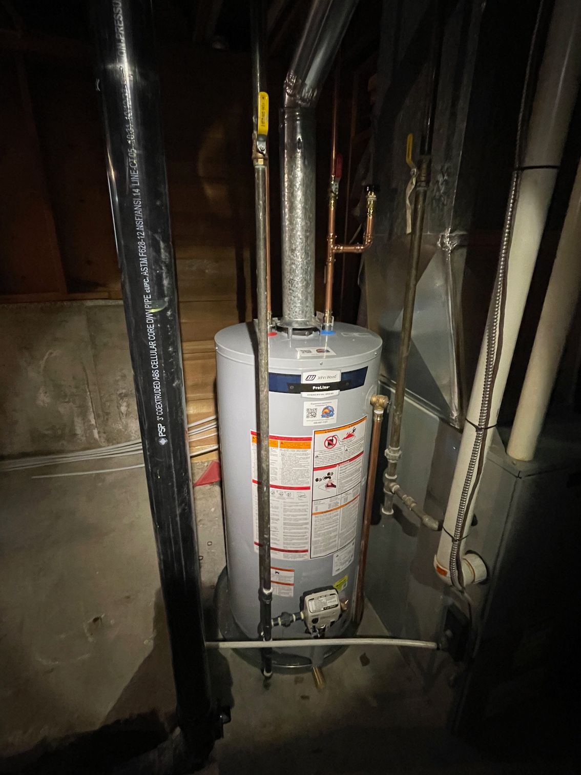 A water heater is sitting in a basement next to a furnace.