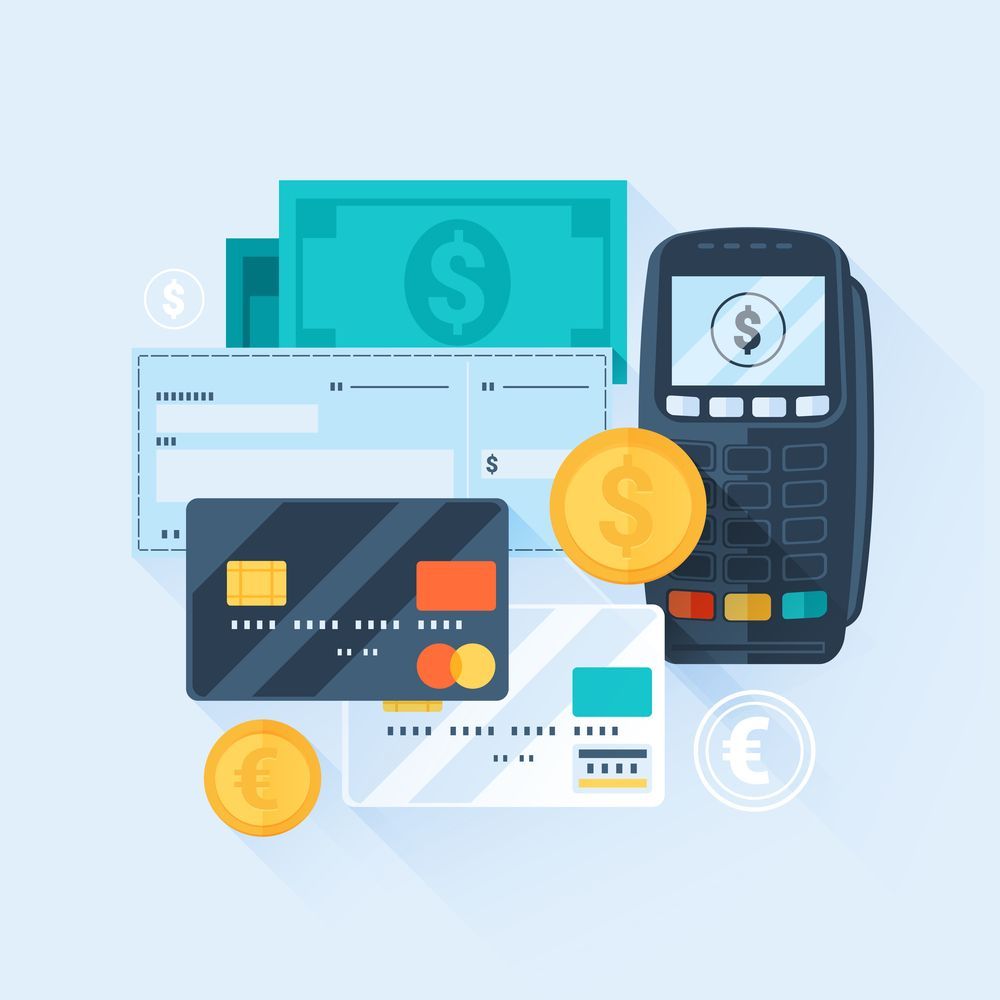 An illustration of a credit card , coins , checks , and a credit card reader.