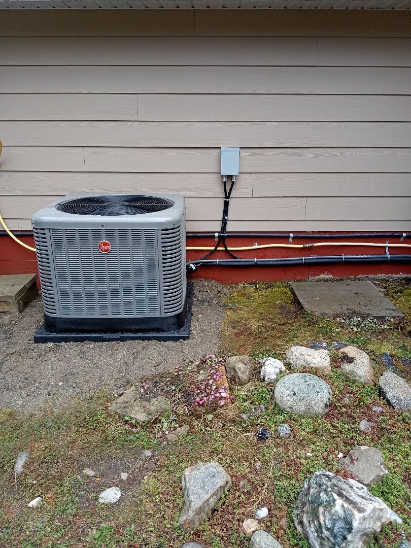 An air conditioner is sitting on the side of a house.