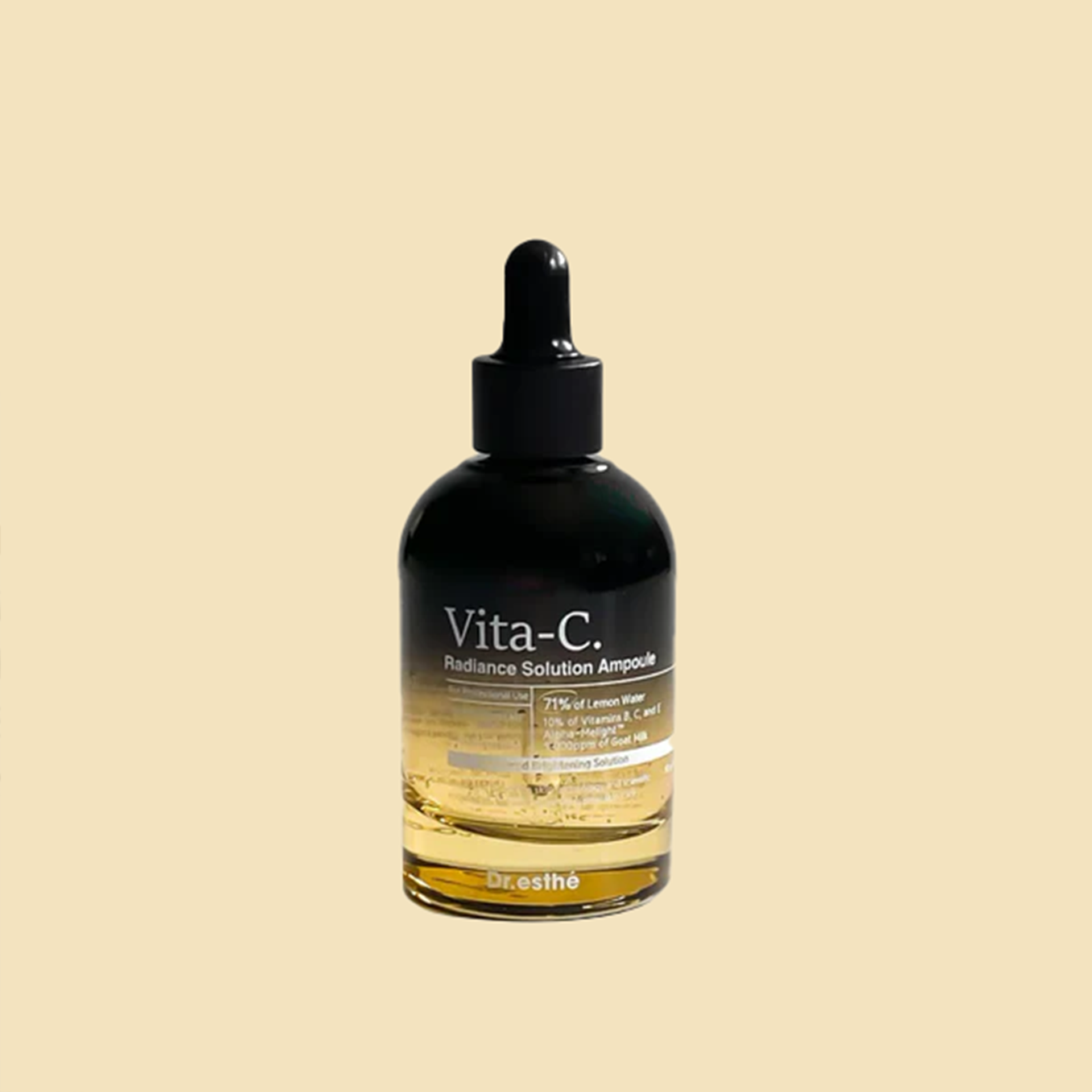 A bottle of vita c serum with a dropper on a yellow background.