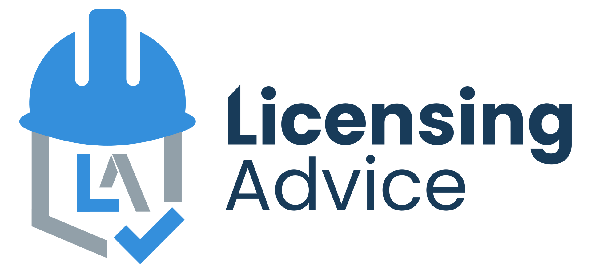 A logo for licensing advice with a blue hard hat and a check mark.