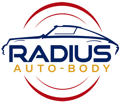 Radius Auto-Body logo with blue car outline and red circular arcs over navy and gold text
