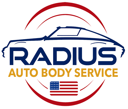 Radius Auto-Body logo with blue car outline and red circular arcs over navy and gold text