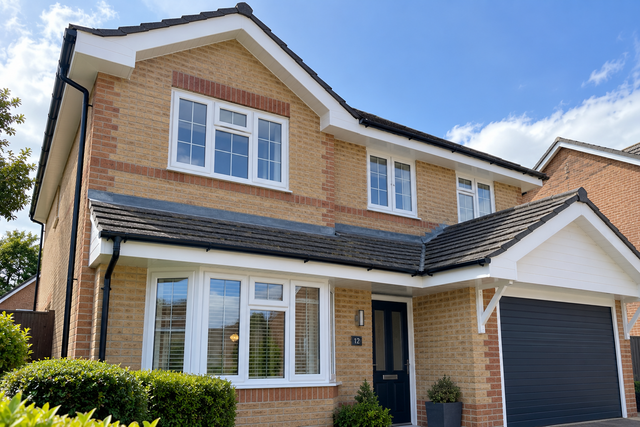 Detached house with clean white fascias, soffits and black guttering