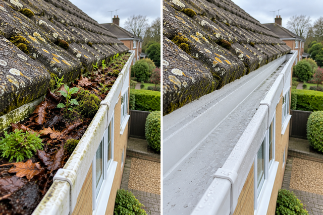 White gutter full of moss and leaves before cleaning, and empty after