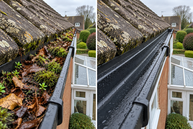 Black gutter blocked with leaves before cleaning, and clear after