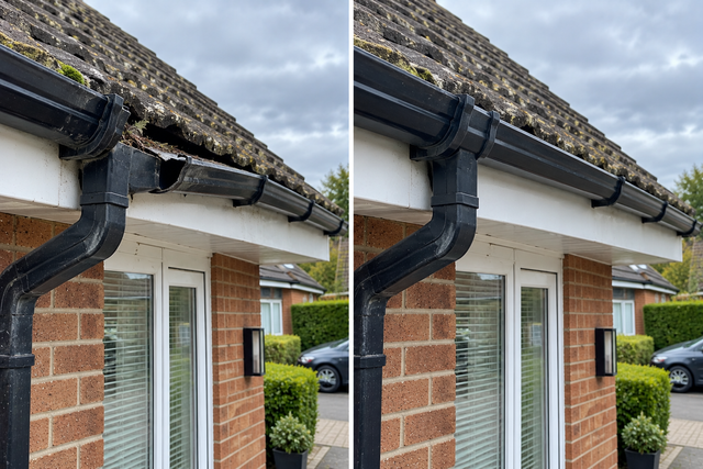 Broken black gutter joint above a downpipe before repair, and refitted after