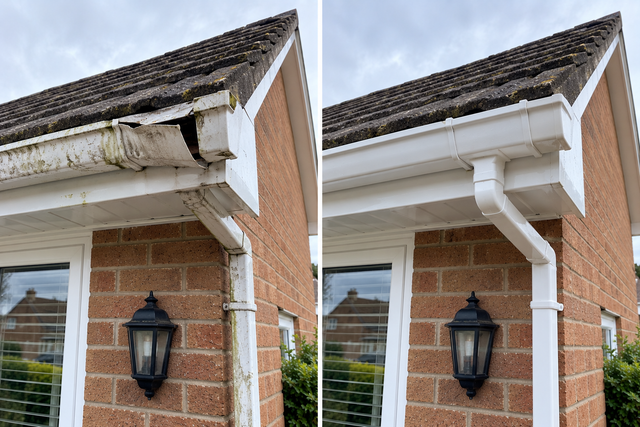 New white gutter and downpipe fitted to the corner of a house