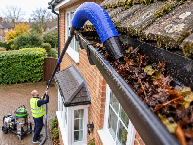 Gutter vacuum pole clearing wet leaves from a gutter