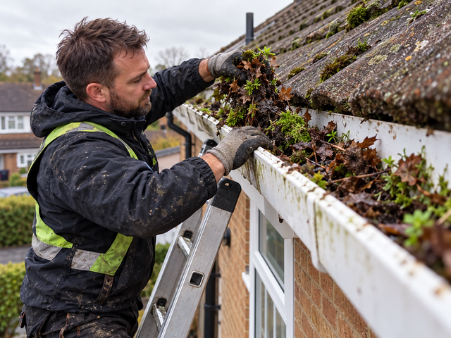 Clearing moss and leaves out of a blocked gutter by hand