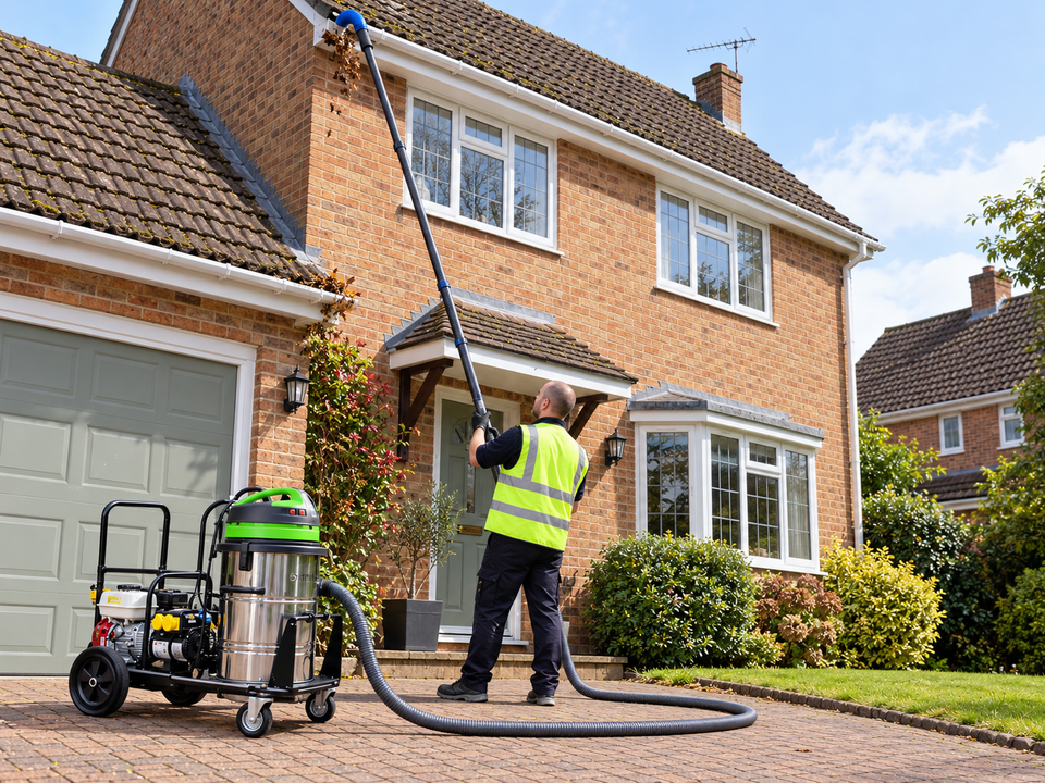 Gutter cleaning with a gutter vacuum on a detached house