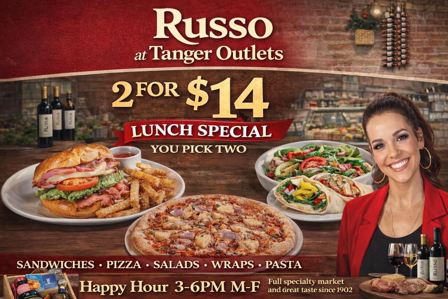 $14 lunch deal at Russo in Tanger Outlets. Several dishes: pizza, sandwich, wrap, salad, and pasta.