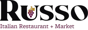 Logo for Russo Italian Restaurant + Market, black text with a bunch of grapes in the "U" and the words beneath in burgundy.