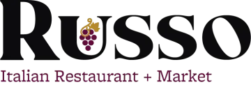 Logo for Russo Italian Restaurant + Market, black text with a bunch of grapes in the "U" and the words beneath in burgundy.