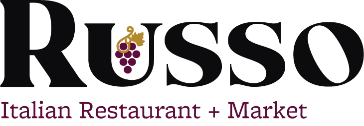 Logo for Russo Italian Restaurant + Market, black text with a bunch of grapes in the "U" and the words beneath in burgundy.