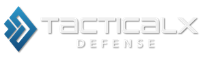 TacticalX Defense logo with blue geometric icon and gray text on a white background