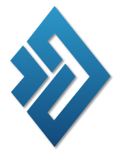 Blue geometric logo with interlocking diamond and chevron shapes on a white background