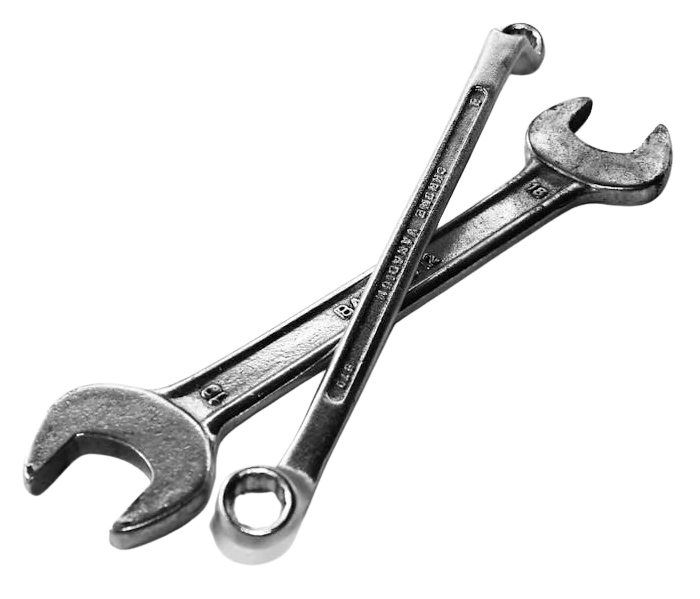 Two wrenches are crossed over each other on a white background.