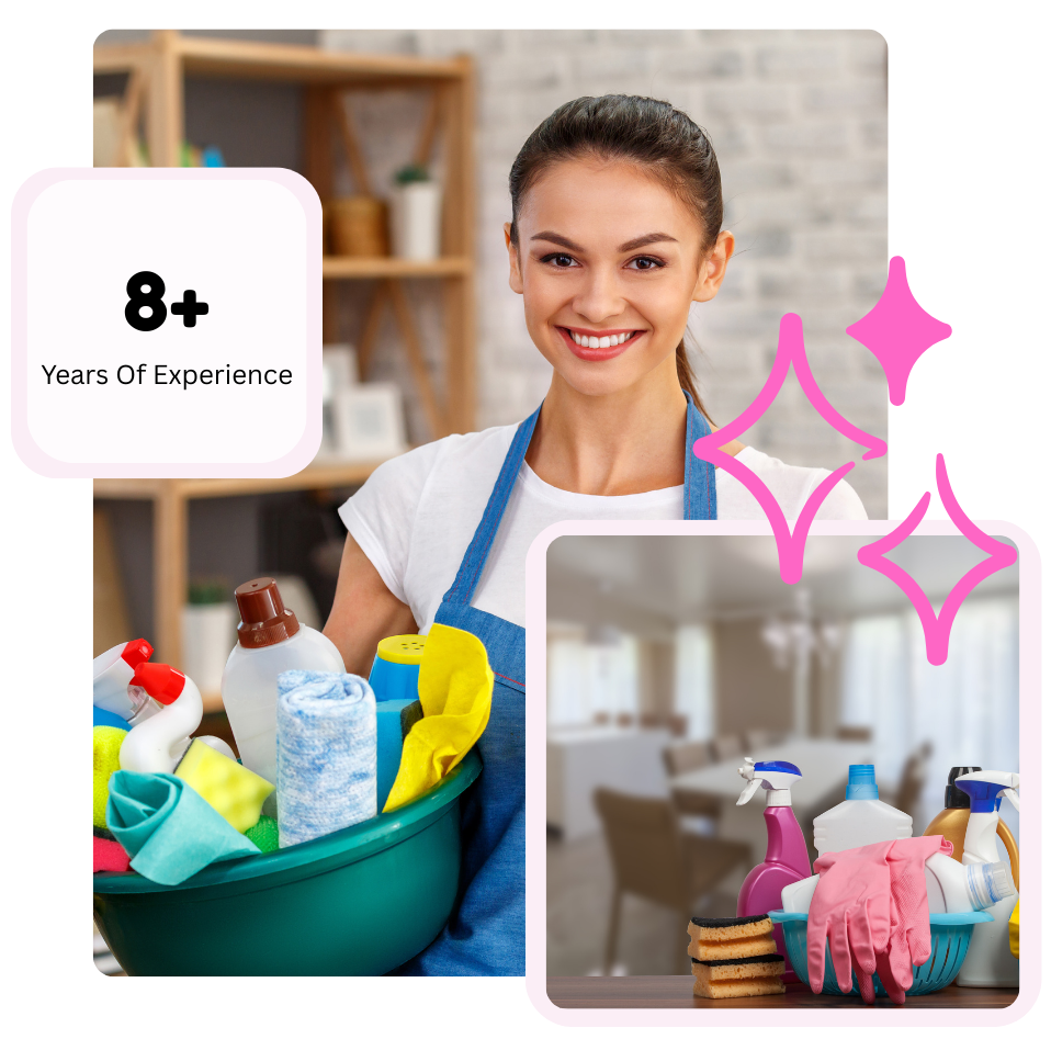 Smiling person with cleaning supplies, offering cleaning service with 8+ years experience.