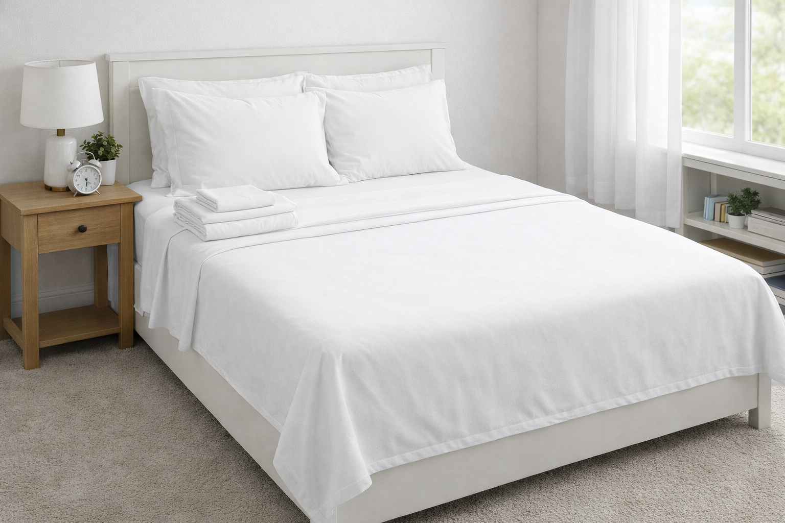 White bed with white bedding, pillows, and sheets in a bedroom. Side table with lamp and plants.