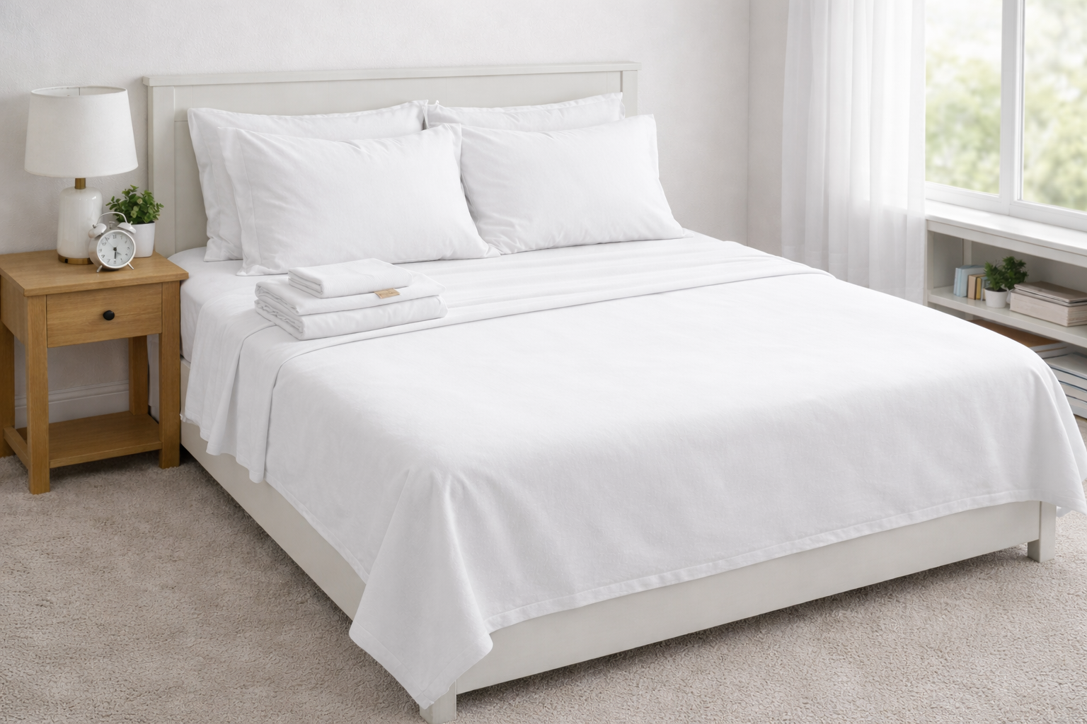 White bed with matching sheets, pillows, and a folded set. Nightstand and window visible.