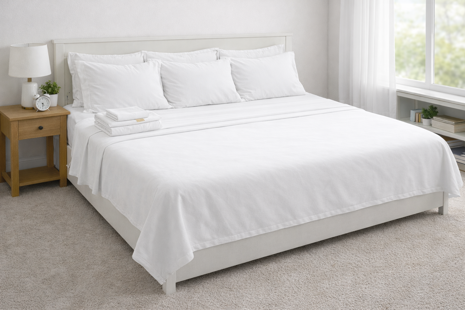 White bedding set on a bed in a bright room with a nightstand and window.