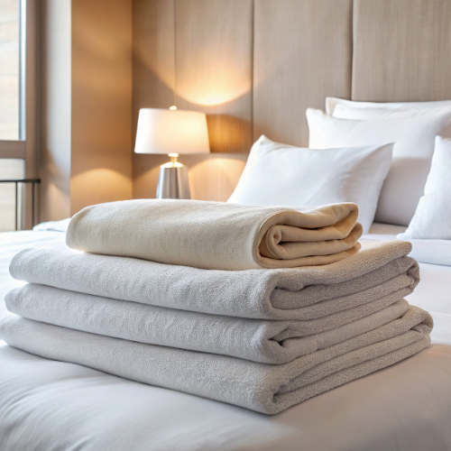 Stack of folded white and beige towels on a bed with pillows. A lit lamp is in the background.